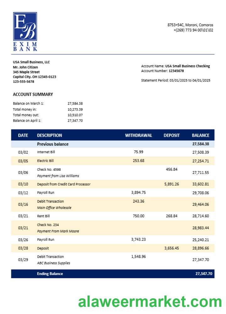 Comoran Exim bank enterprise account statement Word and PDF format